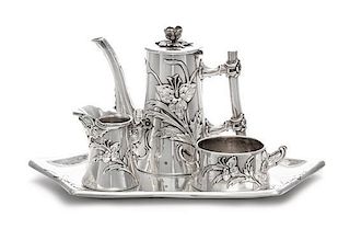 * A German Silver Three-Piece Tea Service, Gebruder Deyhle, Schwabisch Gmund, 20th Century, comprising a teapot, creamer and 