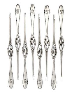 A Set of Eight German Silver Lobster Forks, Bruckmann & Sohne, Heilbronn, Early 20th Century, each having a beaded handle, th
