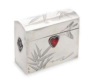 * A Japanese Silver and Enamel Playing Card Box, With Two-Character Maker's Mark, 20th Century, the box bright-cut to show a 
