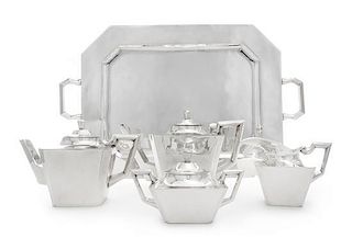 A Mexican Silver Five-Piece Tea and Coffee Service, Feisa, First Half 20th Century, in the Art Deco taste, comprising a coffe