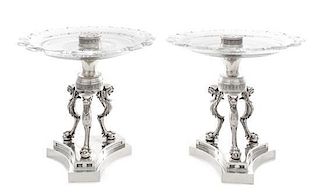 * A Pair of American Glass Mounted Silver Tazze, Tiffany & Co., New York, NY, Circa 1860, the glass tops secured by a silver 