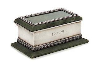 An American Silver and Hardstone Mounted Stamp Box, Lebkuecher & Co., Newark, NJ, Late 19th/Early 20th Century, having a hard