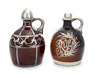 * Two American Porcelain and Silver Overlay Liquor Bottles, , comprising an example with silver overlay worked to show a rye 