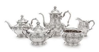 An American Silver Five-Piece Tea and Coffee Service, Gorham Mfg. Co., Providence, RI, comprising a coffee pot, teapot, cover