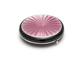 * An American Silver and Guilloche Enamel Compact, , the lid and underside having a mauve guilloche ground, opening up to a m