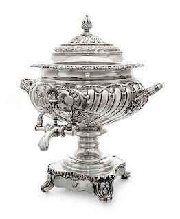 A Silver-Plate Coffee Urn, , the domed cover with a continuous band of foliate scrolls, the gadroon body having acanthus capp