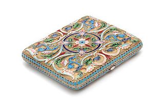 * A Russian Silver-Gilt and Enameled Cigarette Case, Nikolai Strulev, Moscow, 19th Century, the lid and underside centered by