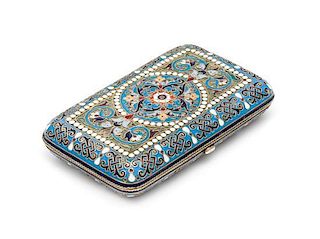 * A Russian Enameled Silver Cigarette Case, Mark of Pavel Ovchinnikov with an Imperial Warrant, Assay of Vasily Petrov, Mosco