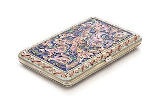 * A Russian Enameled Silver Cigarette Case, Maker's Mark Obscured, Late 19th/Early 20th Century, the case lid and base center
