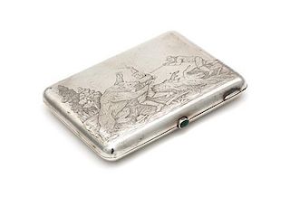* A Russian Silver Cigarette Case, Maker's Mark Obscured, Odessa, Early 20th Century, the lid engraved to show a man being ma