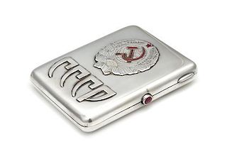 * A Soviet-Era Russian Silver Cigarette Case, Maker's Mark Obscured, Moscow, Early to Mid-20th Century, the lid worked to sho