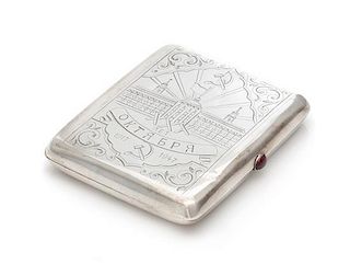 * A Soviet-Era Russian Silver Cigarette Case, Mark of the Jeweller Art Artel, Moscow, Mid-20th Century, the lid worked to sho