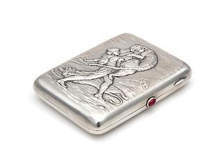 * A Soviet-Era Russian Silver Cigarette Case, Maker's Mark Cyrillic AMYu4, Moscow, 20th Century, the lid worked to show a war