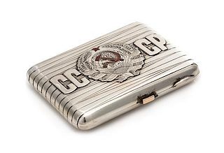 * A Soviet-Era Latvian Silver Cigarette Case, Maker's Mark Cyrillic MYu4, Riga, Mid-20th Century, the banded case with applie
