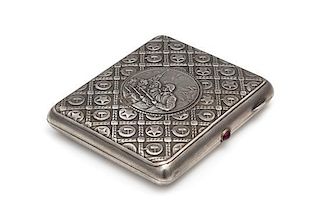 * A Soviet-Era Russian Silver Cigarette Case, Maker's Mark Obscured, Moscow, Mid to Late 20th Century, the lid worked to show