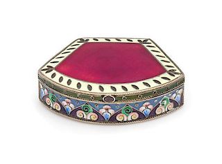 * A Russian Enameled Silver Snuff Box, Mark of Grigory Sbitnev, Moscow, Late 19th Century, the lid with guilloche enameled de