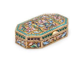* A Russian Silver-Gilt and Enameled Snuff Box, Mark of Maria Semenova, Moscow, Late 19th/Early 20th Century, of elongated oc