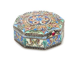 * A Russian Enameled Silver Snuff Box, Mark of the 11th Artel, Moscow, Early 20th Century, of octagonal form, the lid centere