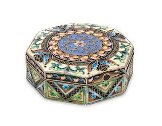 * A Russian Enameled Silver Snuff Box, Mark of the 11th Artel, Moscow, Late 19th/Early 20th Century, of octagonal form, the l
