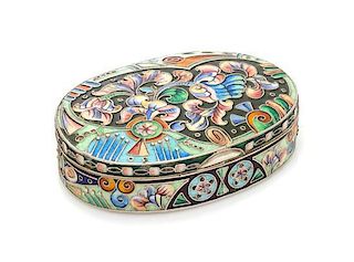 * A Russian Enameled Silver Snuff Box, Mark of the 6th Artel, Moscow, Early 20th Century, of oval form, having polychrome ena