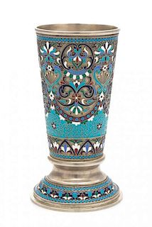 * A Russian Enameled Silver Beaker, Mark of Ivan Gubkin, Assay of Vasily Petrov, Moscow, 1884, the tapering body decorated wi