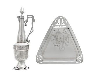 * A Russian Silver Ewer and Serving Tray, Mark of Fyodor Ivanov, Moscow, Late 19th Century, both ewer and triangular tray dec
