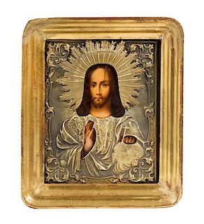 * An Eastern European Painted Oklad Icon Case height 9 3/4 x width 8 3/8 inches.