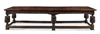 * A Jacobean Oak Refectory Table Height 34 3/4 x width 137 1/2 x depth 32 1/2 inches.