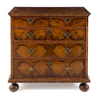 * A William and Mary Style Burl Walnut Chest of Drawers Height 38 x width 39 x depth 21 3/4 inches.