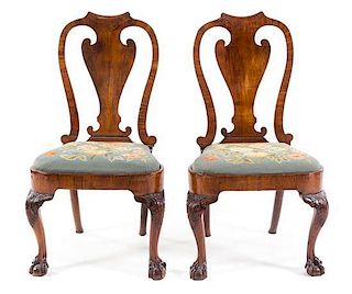 * A Pair of Queen Anne Walnut Side Chairs Height 39 1/2 inches.