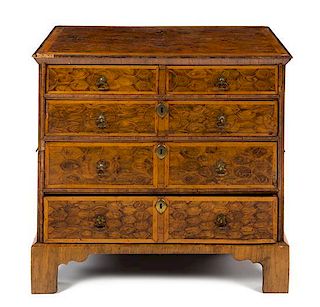 A George II Style Oysterwood Veneered Chest of Drawers Height 34 1/2 x width 38 1/2 x depth 23 inches.