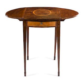 A George III Burlwood and Satinwood Pembroke Table Height 27 3/4 x width 26 7/8 x depth 17 3/8 inches (closed).