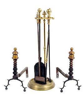 A Pair of George III Style Brass Andirons Height of tallest tool 17 1/2 inches.