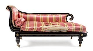 A Regency Brass Mounted Ebonized Chaise Longue Length 67 inches.