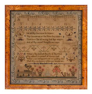 A Needlepoint Sampler Frame: 18 5/8 x 18 5/8 inches.