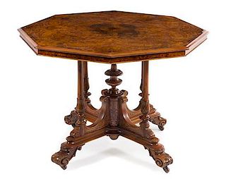A Victorian Burlwood Center Table Height 28 1/2 x width 41 1/2 inches.