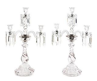 A Pair of Molded Glass Three-Light Candelabra Height 24 5/8 inches.