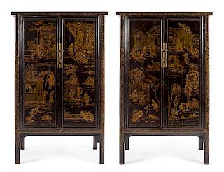 A Pair of Chinese Export Lacquered Cabinets Height 78 3/4 x width 46 1/4 x depth 20 1/2 inches.