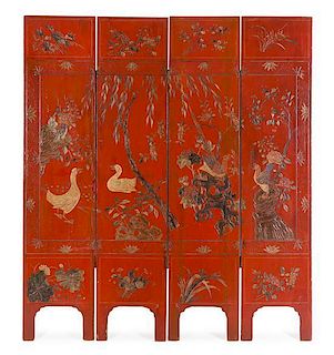 A Chinese Lacquered Four-Panel Floor Screen Height 72 x width of each panel 15 7/8 inches.