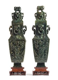 A Pair of Chinese Spinach Jade Covered Vases Height 18 inches.