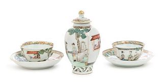 Two Sets of Chinese Export Famille Rose Porcelain Cups and Saucers Height of tea caddy 5 inches.