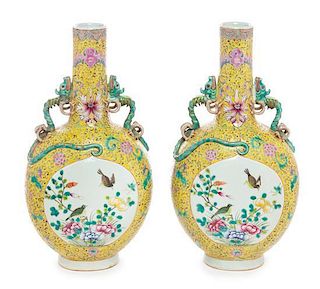 A Pair of Chinese Famille Jaune Porcelain Vases Height 14 1/4 inches.