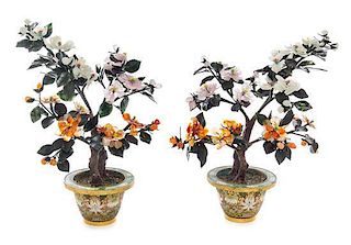A Pair of Chinese Carved Hardstone Floral Arrangements Height 16 1/2 inches.