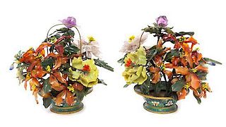 A Pair of Chinese Hardstone Floral Arrangements Height 12 inches.