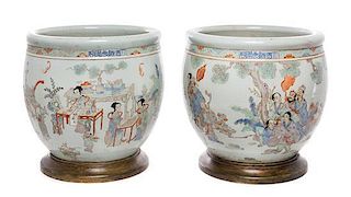 A Pair of Chinese Bronze Mounted Porcelain Jardinieres Height overall 13 3/4 inches.