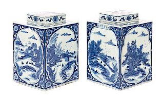 A Pair of Chinese Blue and White Porcelain Covered Jars Height 12 inches.