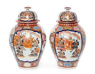 A Pair of Japanese Hichozan Fukagawa Covered Porcelain Jars Height 21 1/2 inches.