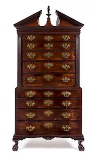 A Chippendale Mahogany Chest on Chest Height 87 3/4 x width 41 x depth 22 1/2 inches.