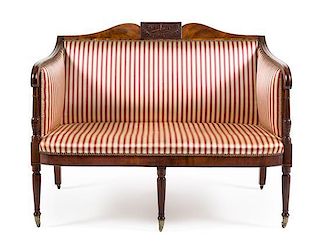 A Federal Carved, Inlaid and Veneered Mahogany Bowfront Settee Height 39 x width 48 x depth 27 inches.