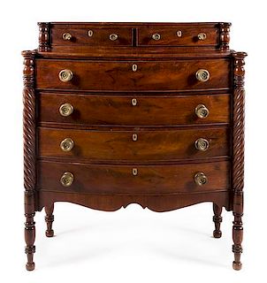 An American Classical Mahogany Chest of Drawers Height 46 1/4 x width 41 3/8 x depth 19 1/2 inches.